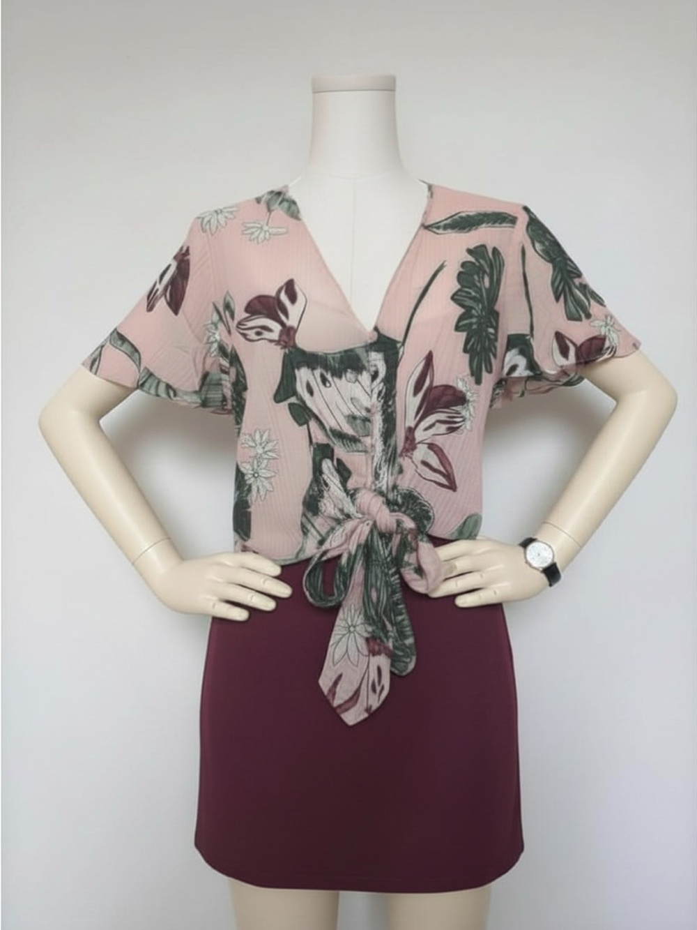 Lush Pink Floral Tie-Front Blouse with Green Leaf Print